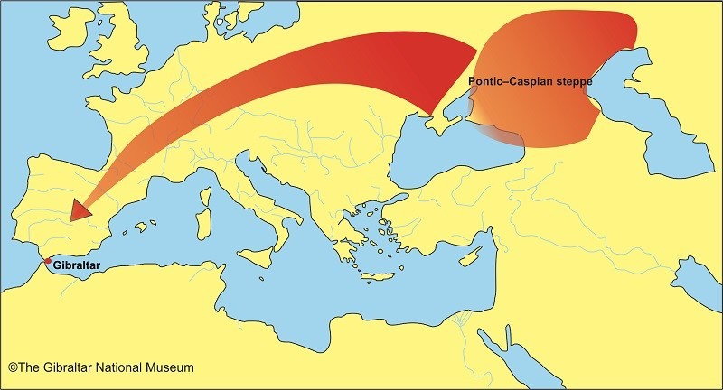 Map showing where the male lineage of Bronze Age people in the Iberian Peninsula originated from.